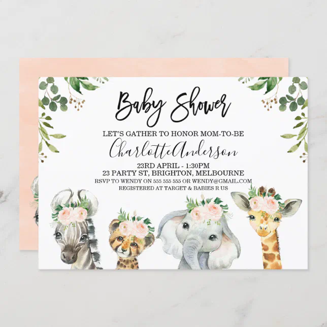 Pink Floral Safari Animals Baby Shower Invitation | Zazzle