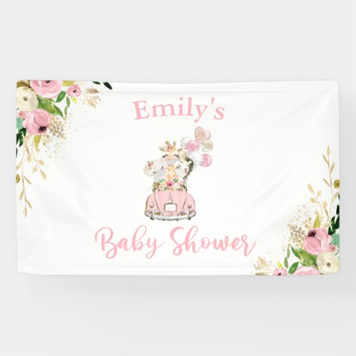 Pink Floral Safari Animals Drive By Baby Shower Banner