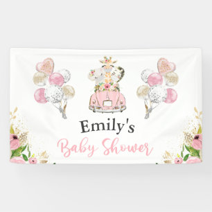 Pink Floral Safari Animals Drive By Baby Shower Banner