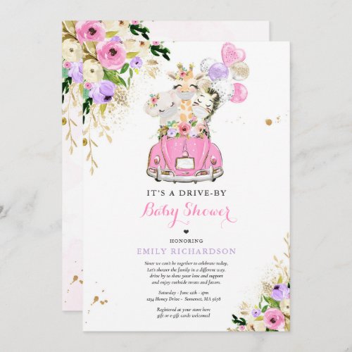 Pink Floral Safari Animals Drive By Baby Shower Invitation