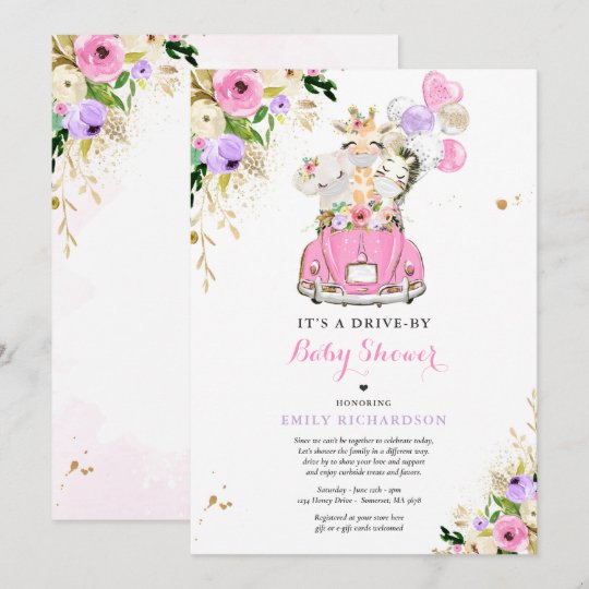 Pink Floral Safari Animals Drive By Baby Shower Invitation Zazzle