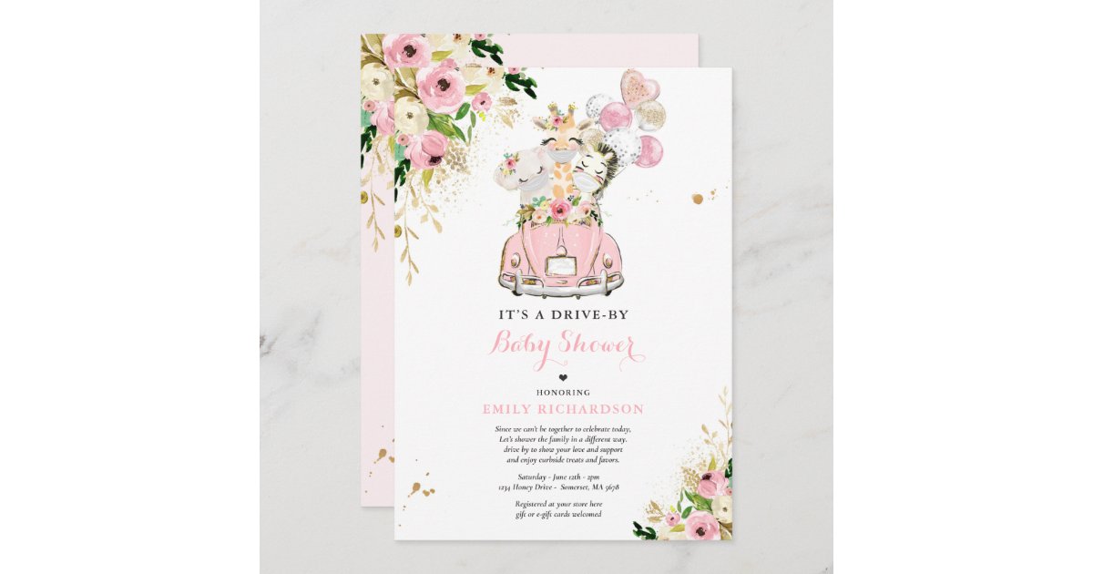 Pink Floral Safari Animals Drive By Baby Shower Invitation Zazzle Com
