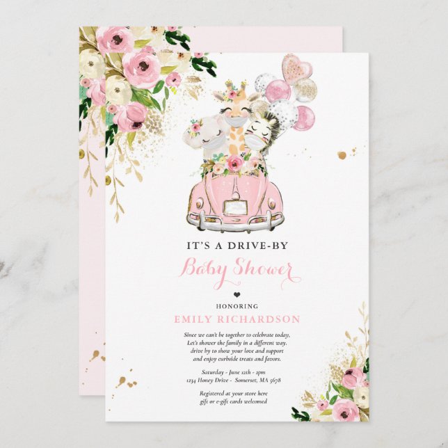 Pink Floral Safari Animals Drive By Baby Shower Invitation (Front/Back)