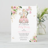 Pink Floral Safari Animals Drive By Baby Shower Invitation (Standing Front)