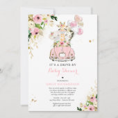 Pink Floral Safari Animals Drive By Baby Shower Invitation (Front)