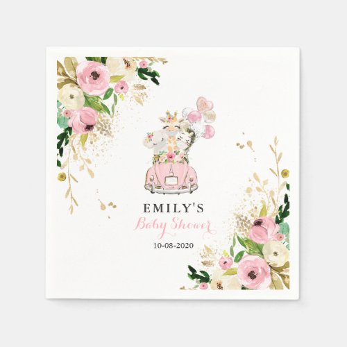 Pink Floral Safari Animals Drive By Baby Shower Napkins
