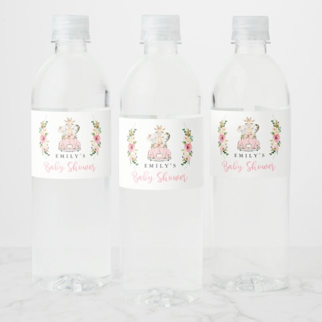 Pink Floral Safari Animals Drive By Baby Shower Water Bottle Label (Bottles)