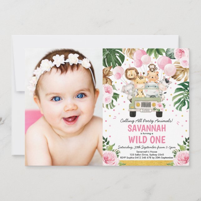 Pink Floral Safari Animals Wild One Girl Birthday Invitation (Front)