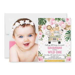 Pink Floral Safari Animals Wild One Girl Birthday Invitation
