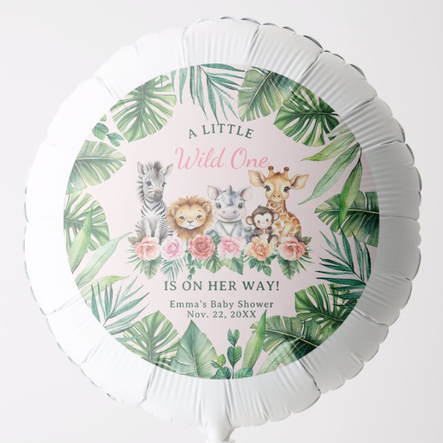 Pink Floral Safari Baby Shower Balloon Girl Jungle (Front)