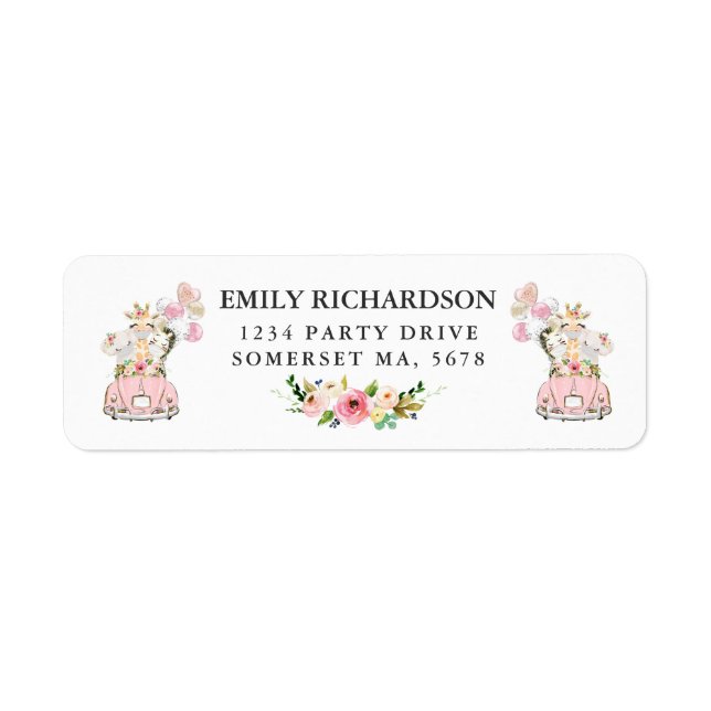 Pink Floral Safari Drive By Baby Shower Address Label (Front)