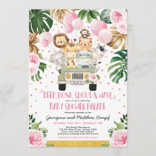 Pink Floral Safari Drive By Baby Shower Parade Invitation