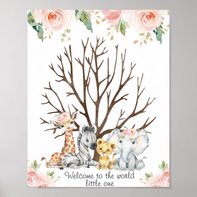 Pink Floral Safari Fingerprint Guestbook Poster (Front)