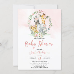 Pink Floral Safari Jungle Animals Baby Shower Invitation