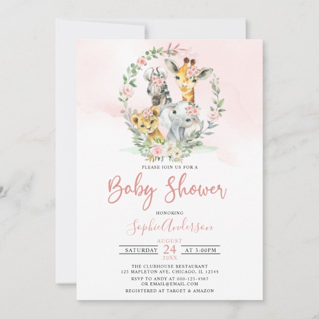 Pink Floral Safari Jungle  Animals Baby Shower Invitation (Front)