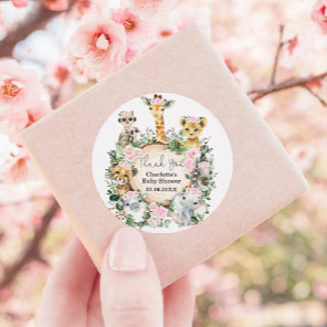 Pink Floral Safari Jungle Wild Animals Baby Shower Classic Round Sticker
