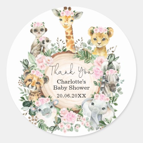 Pink Floral Safari Jungle Wild Animals Baby Shower Classic Round Sticker
