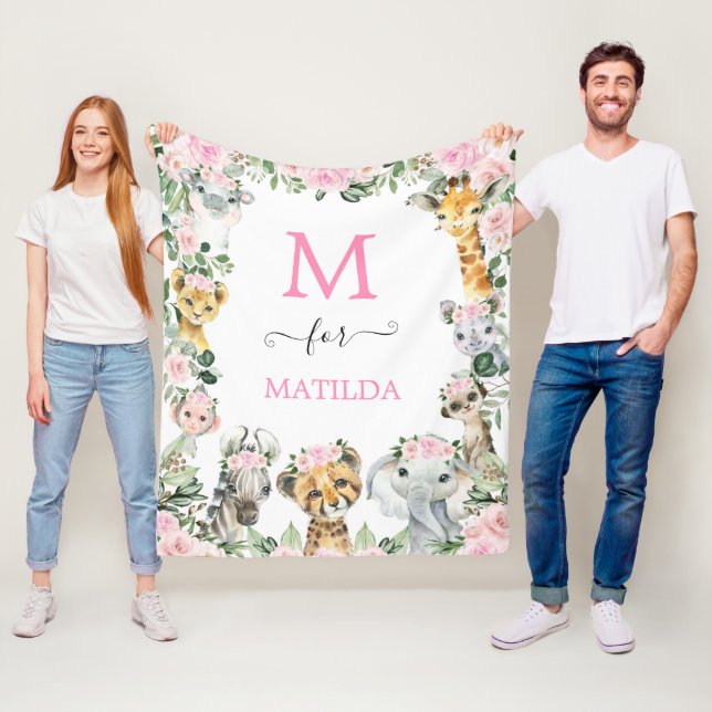 Pink Floral Safari Wild Animals Baby Girl Nursery Fleece Blanket (In Situ)