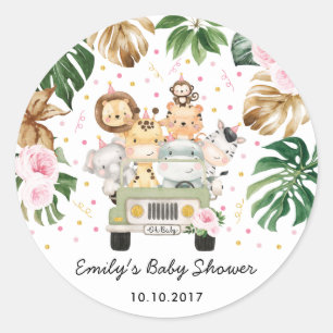 Pink Floral Safari Wild Animals Baby Shower Favors Classic Round Sticker