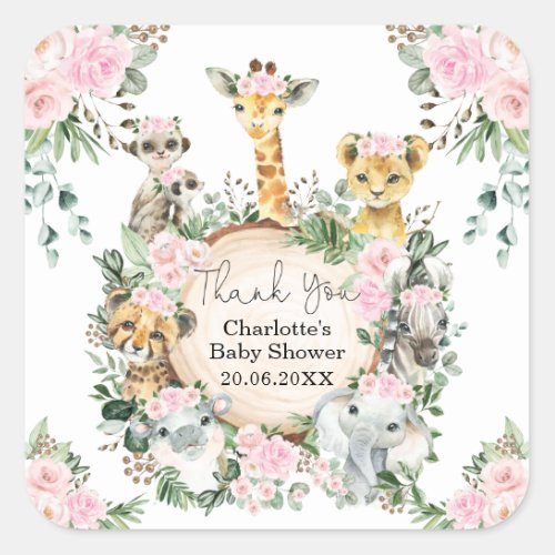 Pink Floral Safari Wild Animals Girls Party Favors Square Sticker