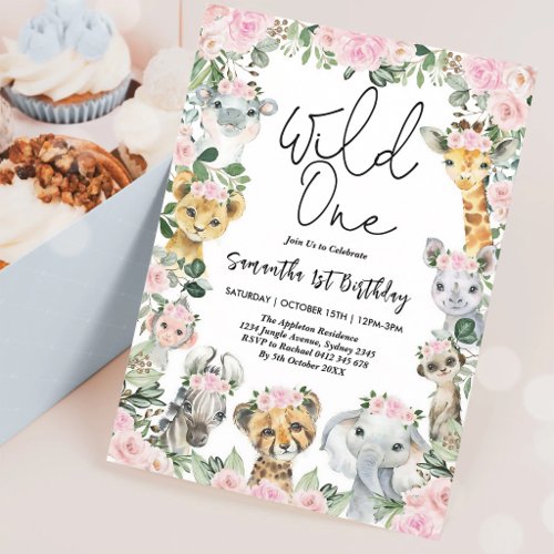 Pink Floral Safari Wild One 1st Birthday Invitation