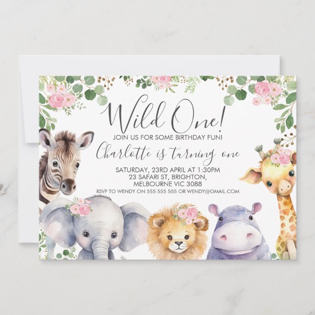 Pink Floral Safari Wild One Birthday Invitation (Front)