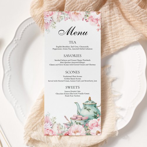 Pink Floral Sage Green Afternoon Tea Party Menu