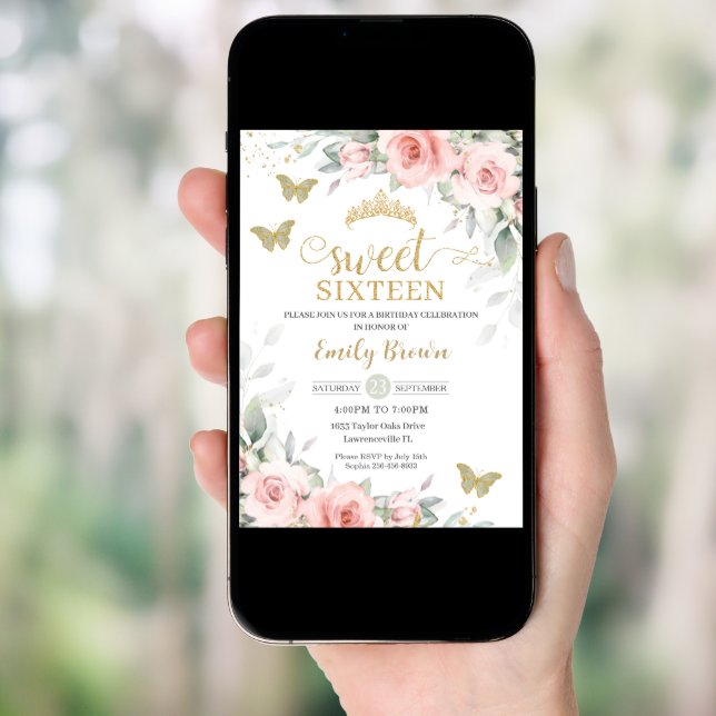 Pink Floral Sage Green Butterflies Sweet Sixteen Invitation (Front Digital)