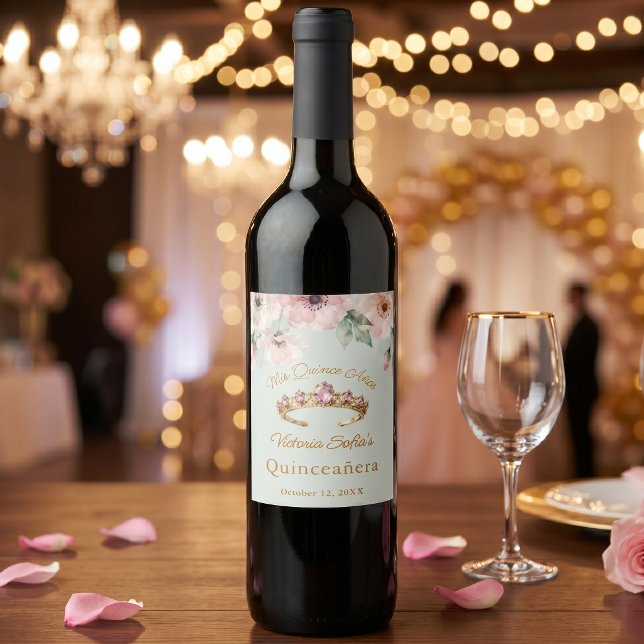 Pink Floral Sage Green Gold Tiara Quinceañera Wine Label (Creator Uploaded)