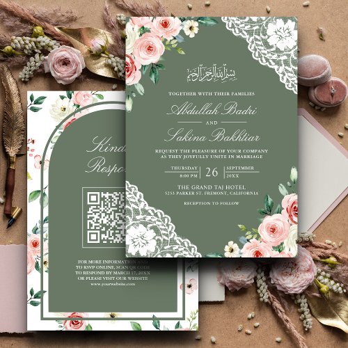 Pink Floral Sage Green Lace QR Code Muslim Wedding Invitation