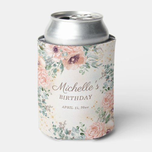 Pink Floral Sage Green Leaves Birthday Can Cooler