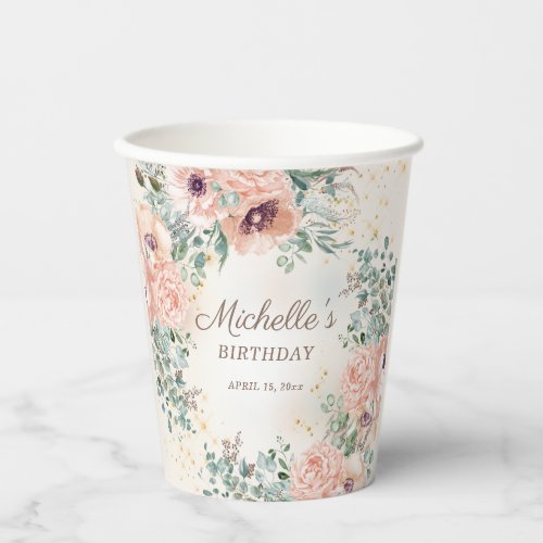 Pink Floral Sage Green Leaves Birthday Paper Cups