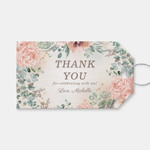Pink Floral Sage Green Leaves Birthday Thank You Gift Tags