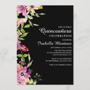 Pink Floral Sage Green Leaves Black Quinceañera Invitation