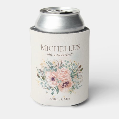 Pink Floral Sage Green Leaves Glitter Birthday Can Cooler