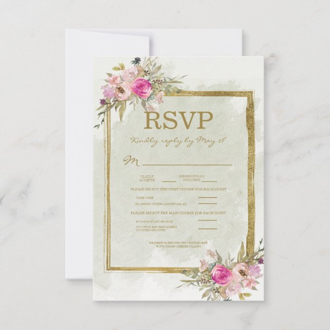 Pink Floral Sage Green Leaves Gold Wedding RSVP Card (Front)