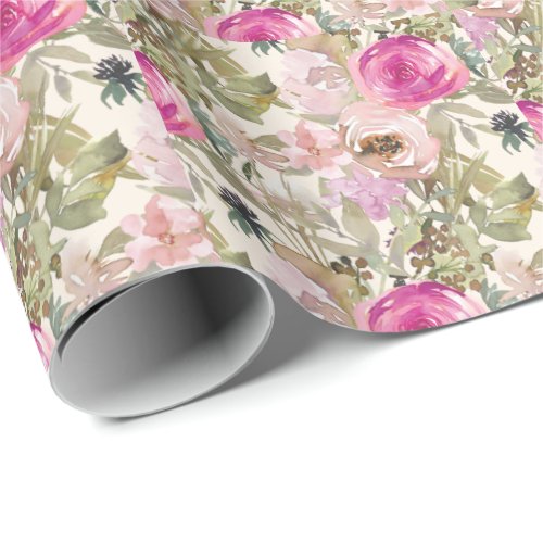 Pink Floral Sage Green Leaves  Wrapping Paper
