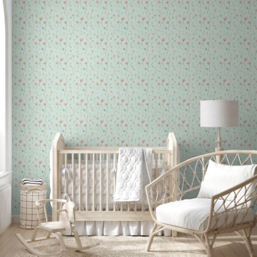 Pink Floral Sage Green Pattern Nursery Wallpaper