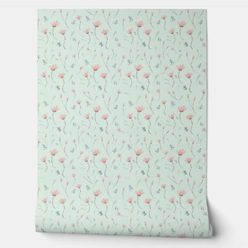 Pink Floral Sage Green Pattern Nursery Wallpaper