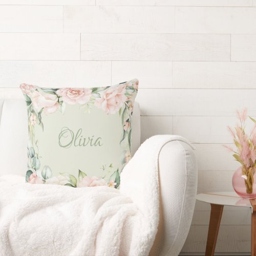 Pink Floral Sage Green Watercolor Name Baby Girl Throw Pillow
