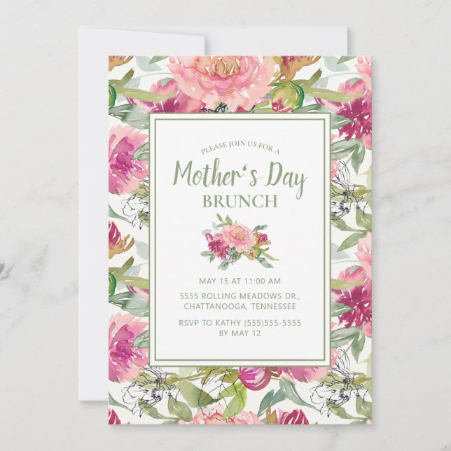 Pink Floral Sage Green White Mother's Day Brunch Invitation (Front)