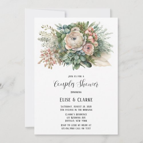 Pink Floral Sage Greenery Couples Shower Invitation