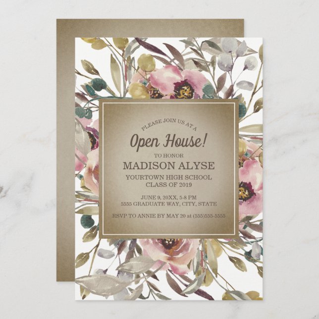 Pink Floral Sage Leaf Rustic Graduation Open House Invitation (Front/Back)