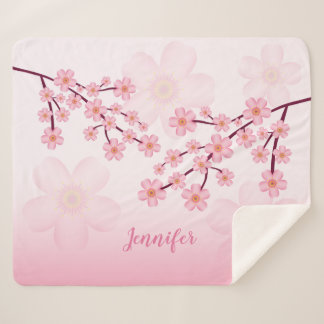 Pink Floral Sakura Cherry Blossom With Any Name Sherpa Blanket