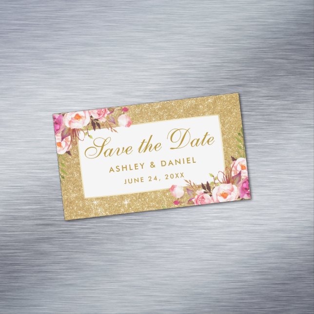 Pink Floral Save The Date Gold Glitter Mini Magnet (In Situ)