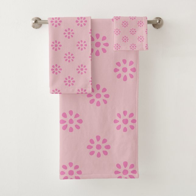 Pink Floral Scandinavian Folk Bathroom Decor Bath Towel Set (Insitu)