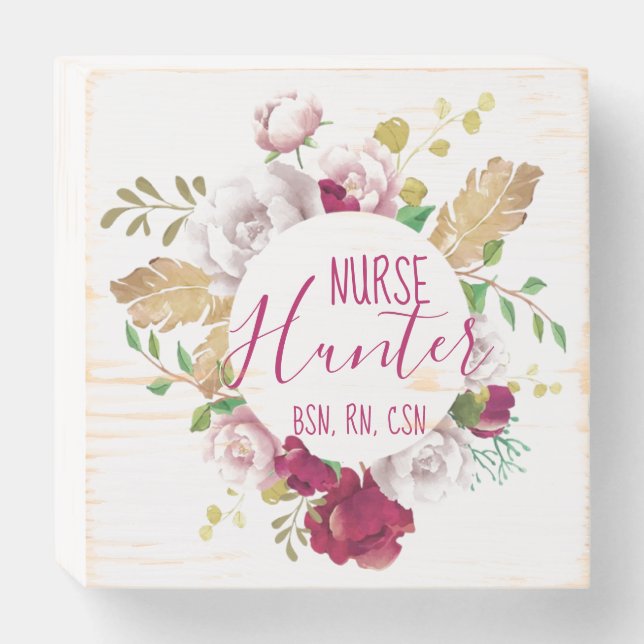Pink Floral School Nurse Wooden Box Sign (Front Horizontal)