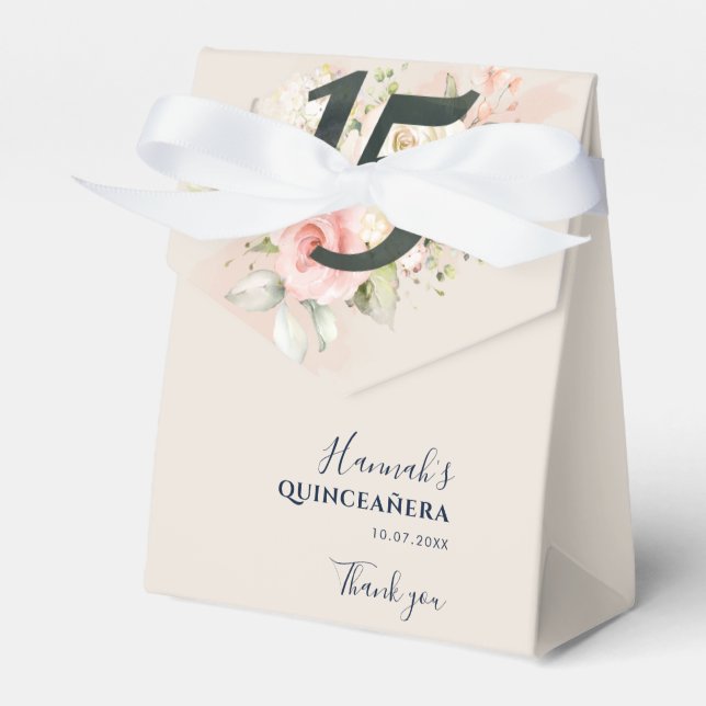 Pink Floral Script 15th Birthday Favor Boxes (Front Side)