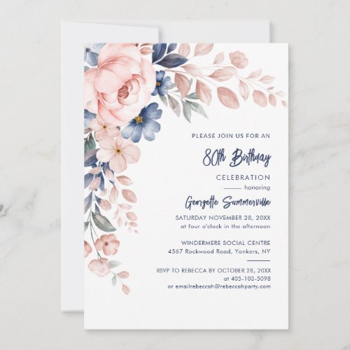 Pink Floral Script 80th Birthday Party Invitation