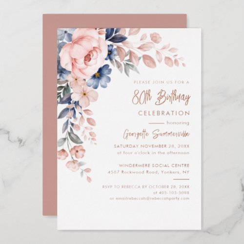 Pink Floral Script 80th Birthday Party Rose Gold Foil Invitation